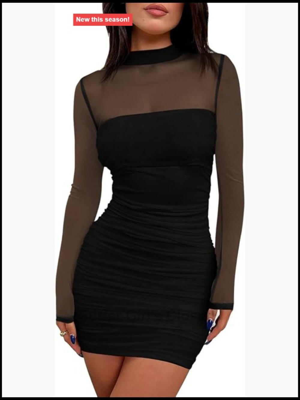 Women's Ruched Mesh Sheer Mini Dress Bodycon Mock Neck Long Sleeve Party Club